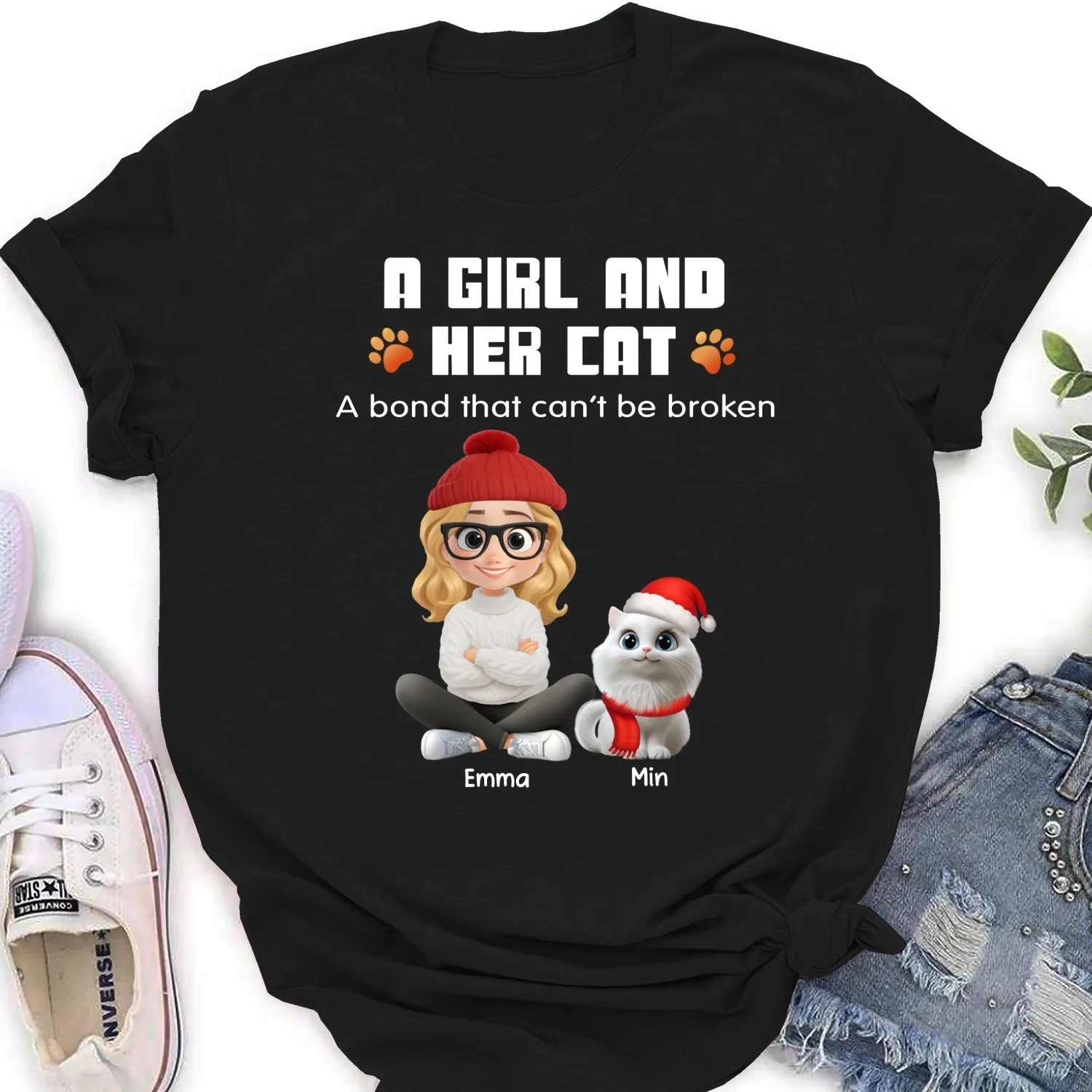 Human And Their Cat Cartoon Christmas - Personalized Custom Women's T-shirt