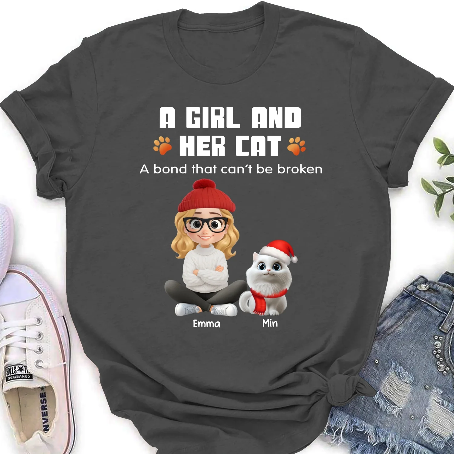 Human And Their Cat Cartoon Christmas - Personalized Custom Women's T-shirt - Image 4
