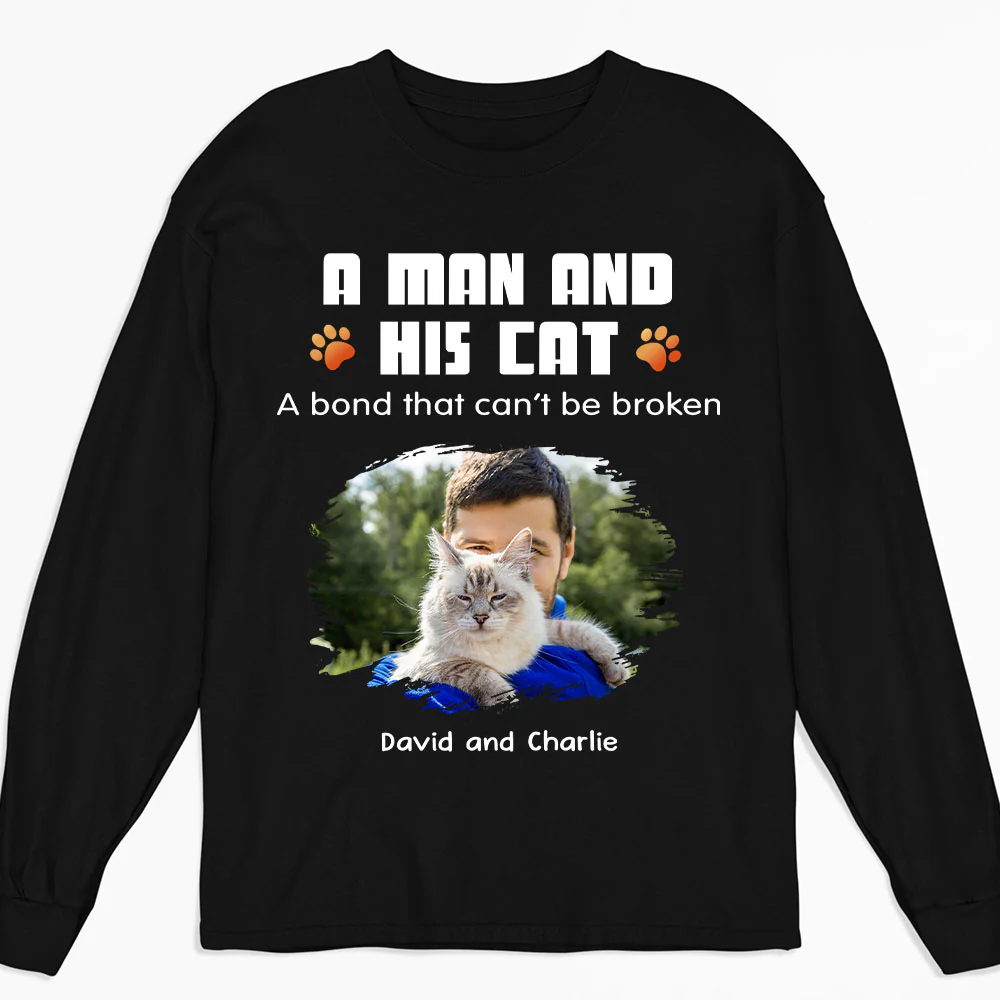 Human And Their Cat Cartoon Christmas Photo - Personalized Custom Long Sleeve T-shirt