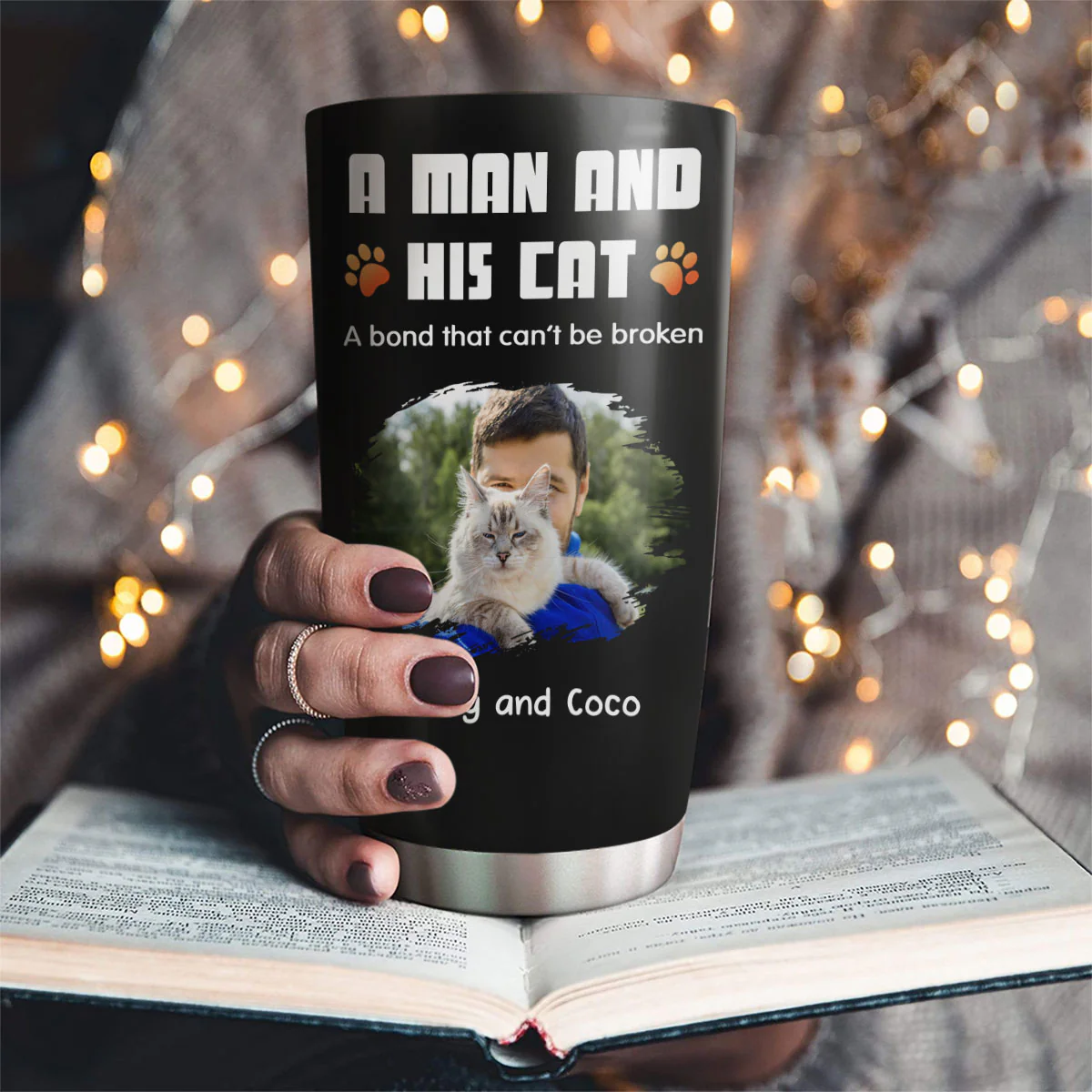 Human And Their Cat Cartoon Christmas Photo - Personalized Custom Tumbler - Image 2