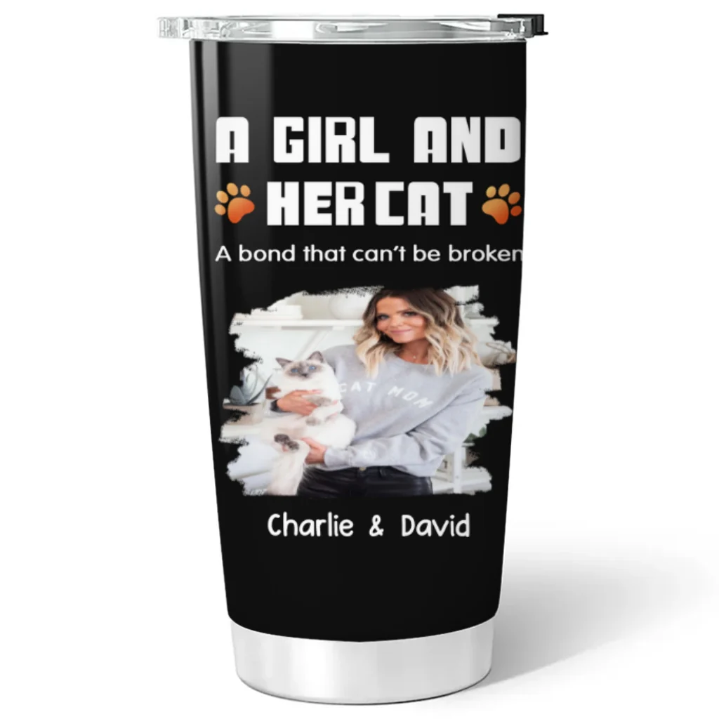Human And Their Cat Cartoon Christmas Photo - Personalized Custom Tumbler - Image 3