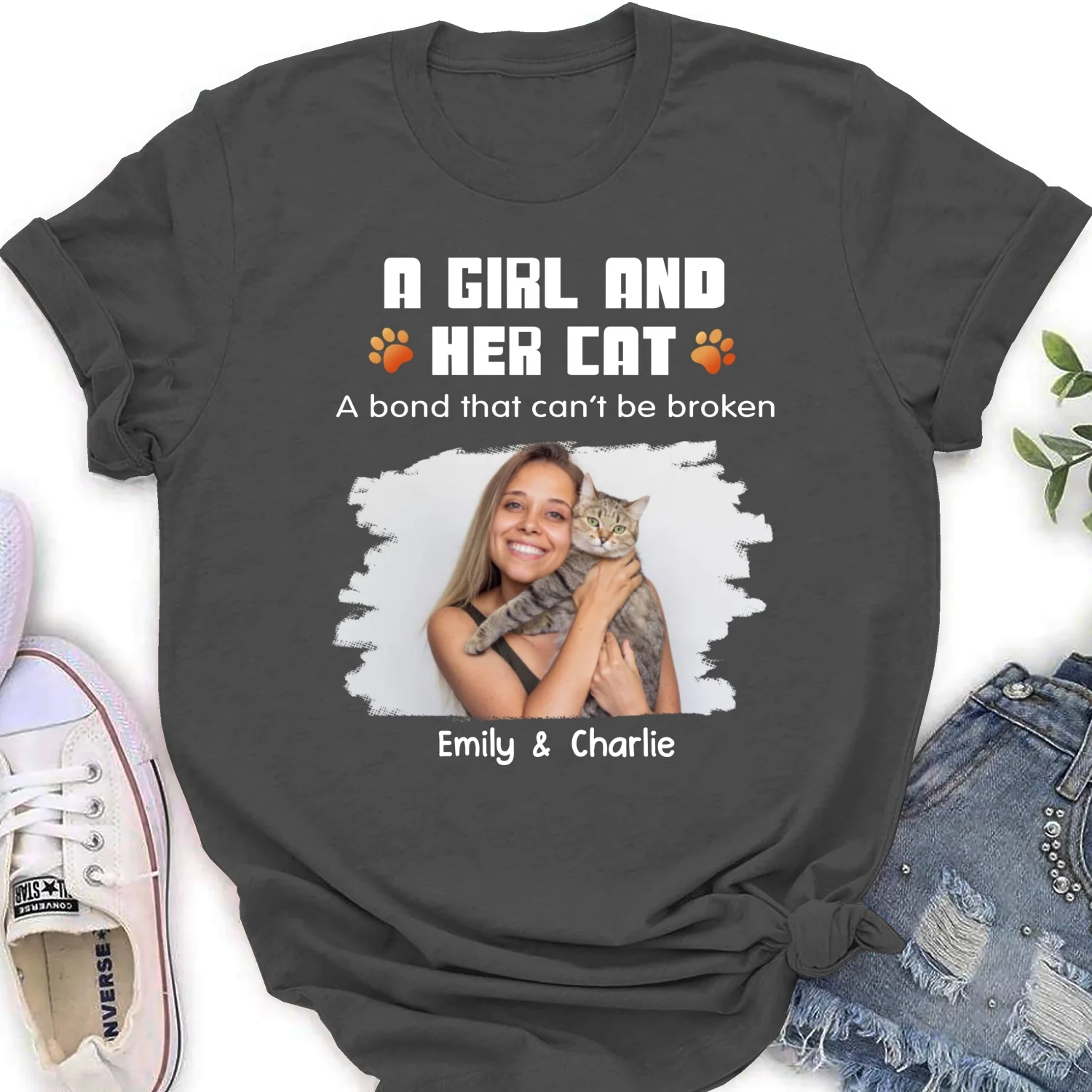 Human And Their Cat Cartoon Christmas Photo - Personalized Custom Women's T-shirt - Image 6