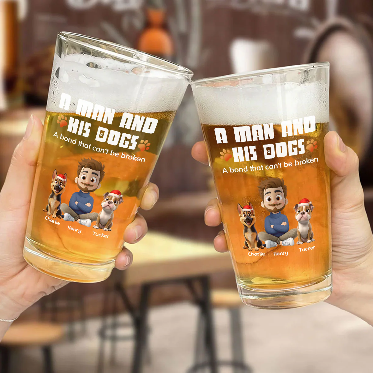 Human And Their Dog Cartoon Christmas - Personalized Custom Beer Glass - Image 2