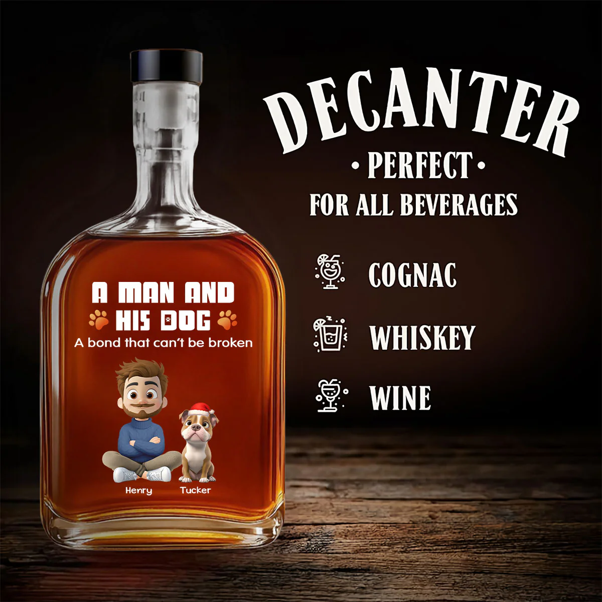 Human And Their Dog Cartoon Christmas - Personalized Custom Spirits Decanter - Image 4