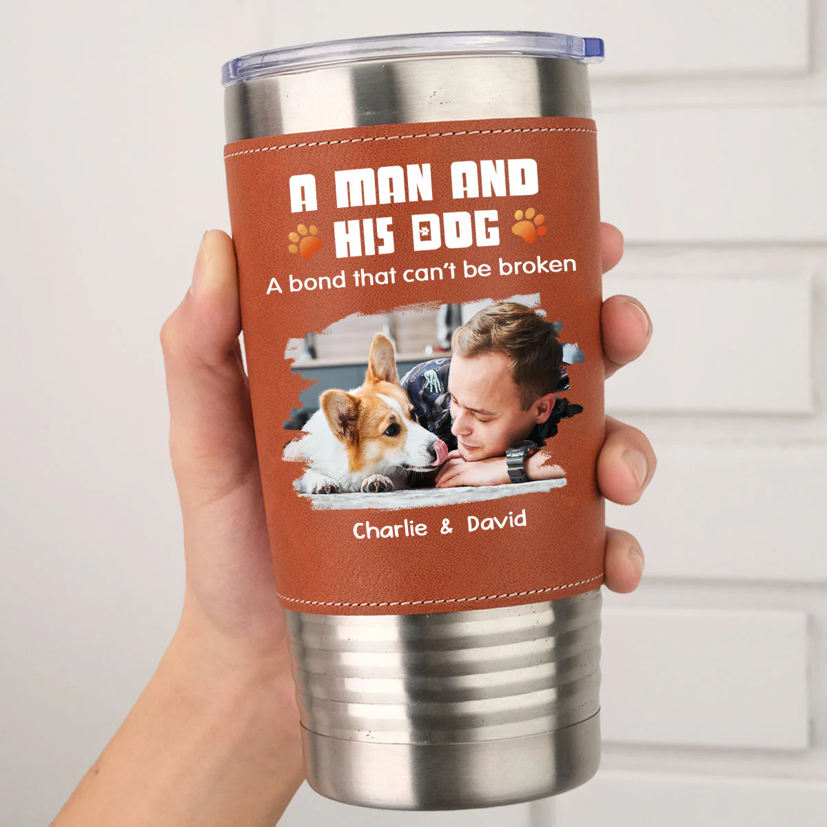 Human And Their Dog Cartoon Christmas Photo - Personalized Custom Leather Tumbler