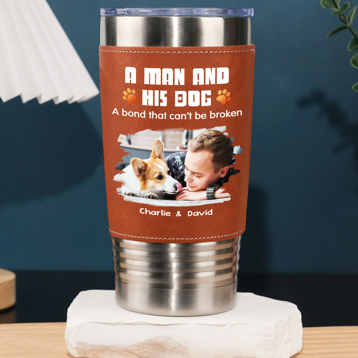 Human And Their Dog Cartoon Christmas Photo - Personalized Custom Leather Tumbler - Image 2