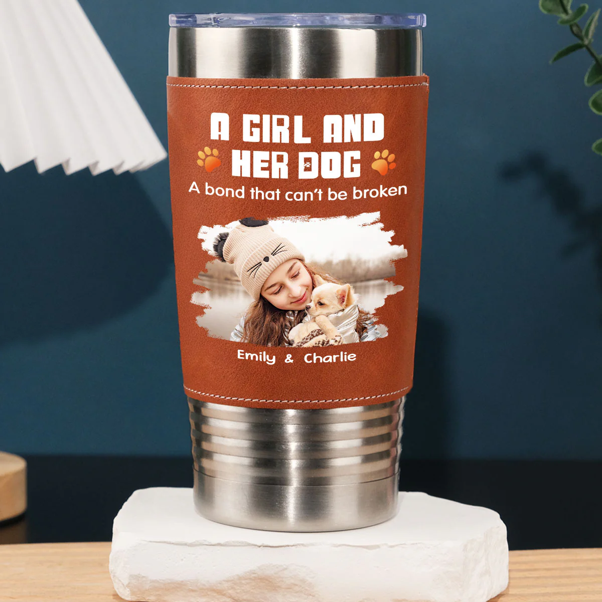 Human And Their Dog Cartoon Christmas Photo - Personalized Custom Leather Tumbler - Image 3