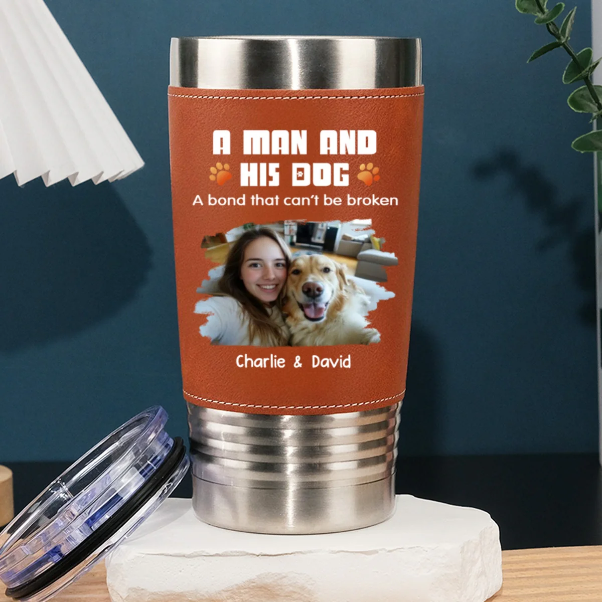 Human And Their Dog Cartoon Christmas Photo - Personalized Custom Leather Tumbler - Image 4