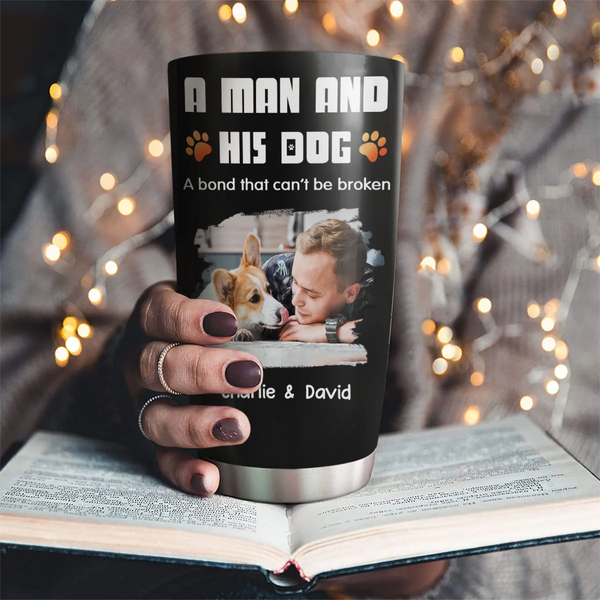 Human And Their Dog Cartoon Christmas Photo - Personalized Custom Tumbler - Image 2