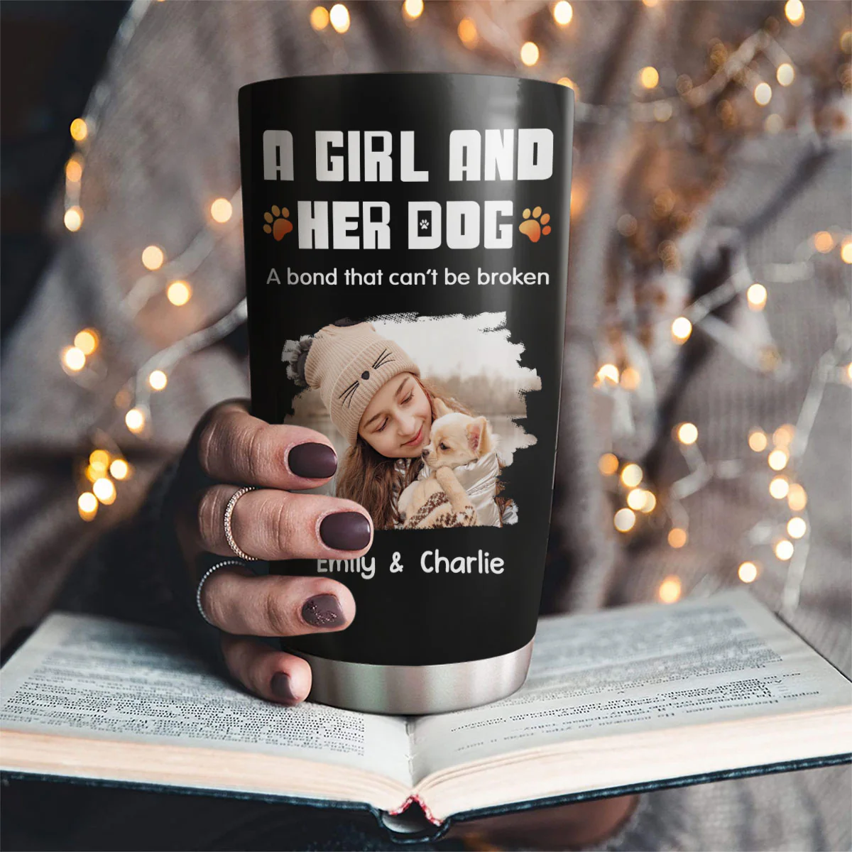 Human And Their Dog Cartoon Christmas Photo - Personalized Custom Tumbler - Image 3