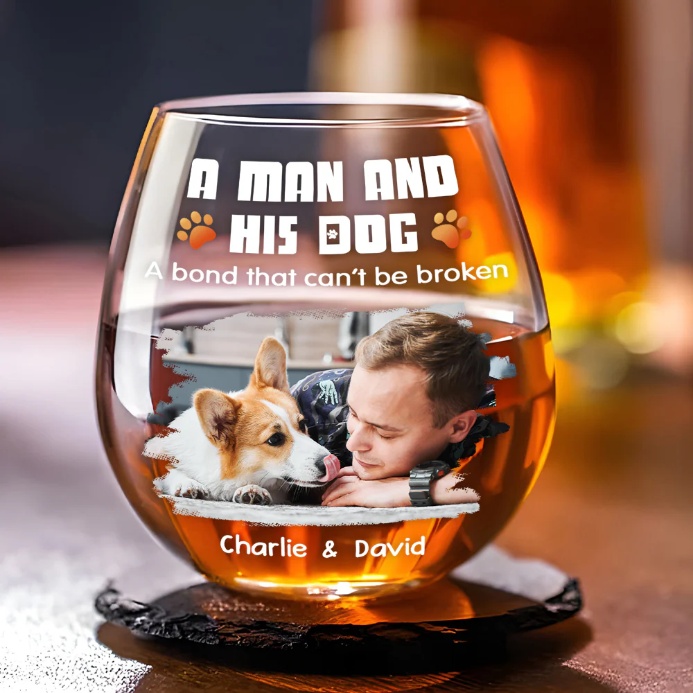 Human And Their Dog Cartoon Christmas Photo - Personalized Custom Wine Glass
