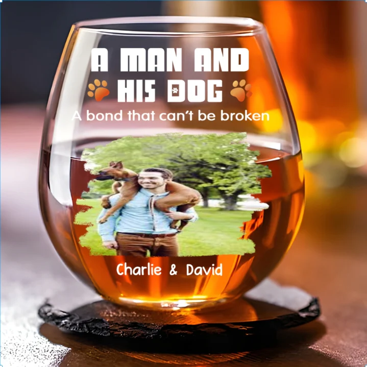 Human And Their Dog Cartoon Christmas Photo - Personalized Custom Wine Glass - Image 2