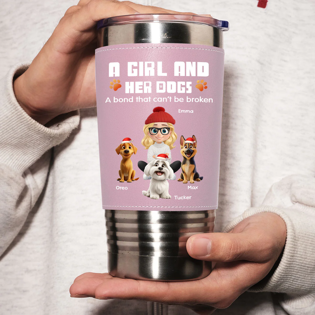 Human And Their Dog Cartoon Christmas Ver Woman - Personalized Custom Pink Leather Tumbler