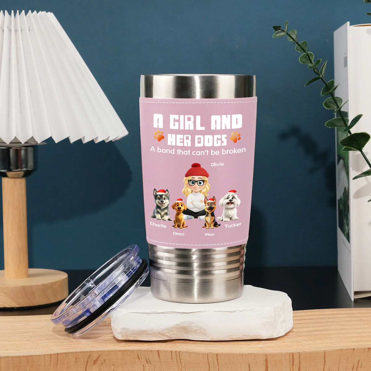 Human And Their Dog Cartoon Christmas Ver Woman - Personalized Custom Pink Leather Tumbler - Image 2