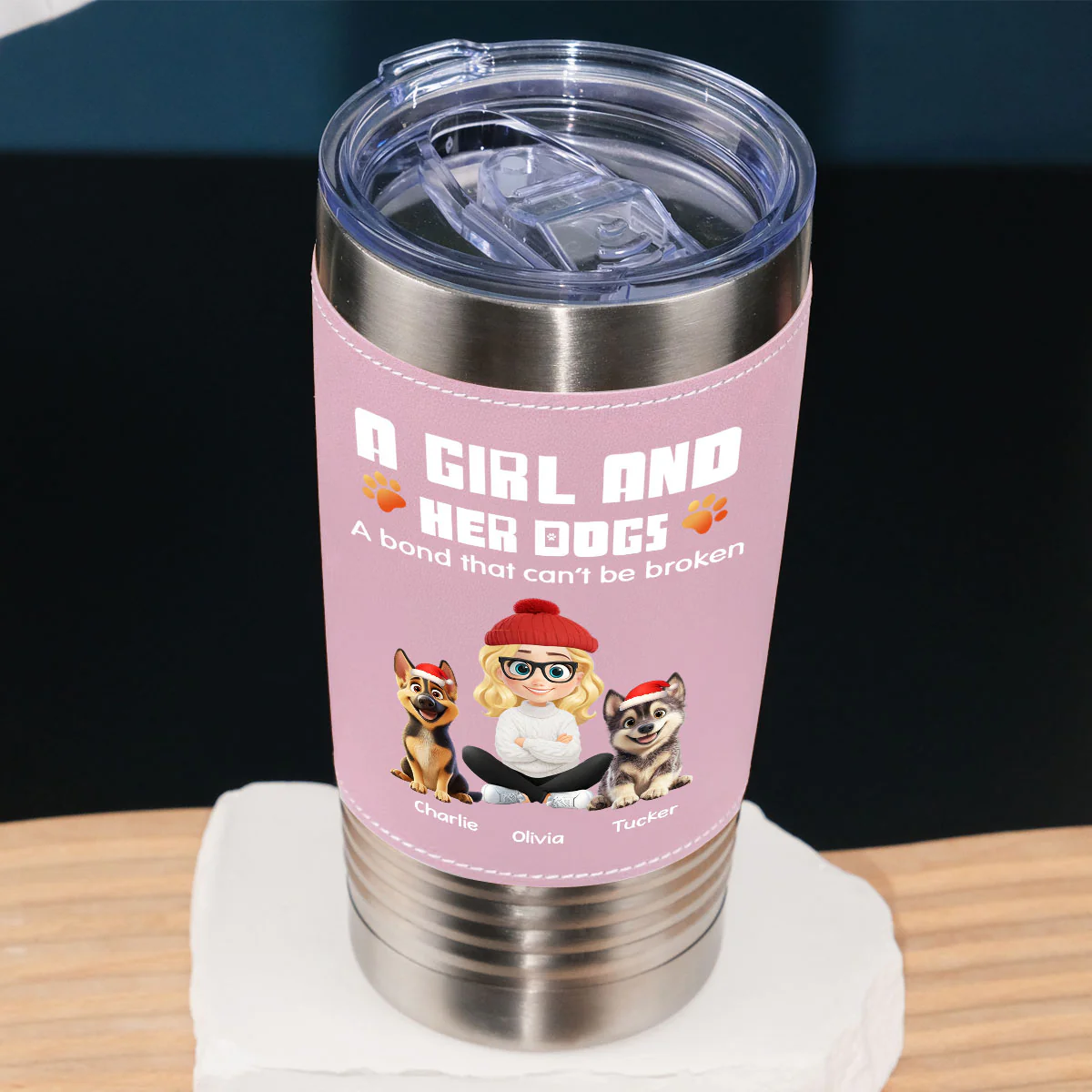 Human And Their Dog Cartoon Christmas Ver Woman - Personalized Custom Pink Leather Tumbler - Image 3