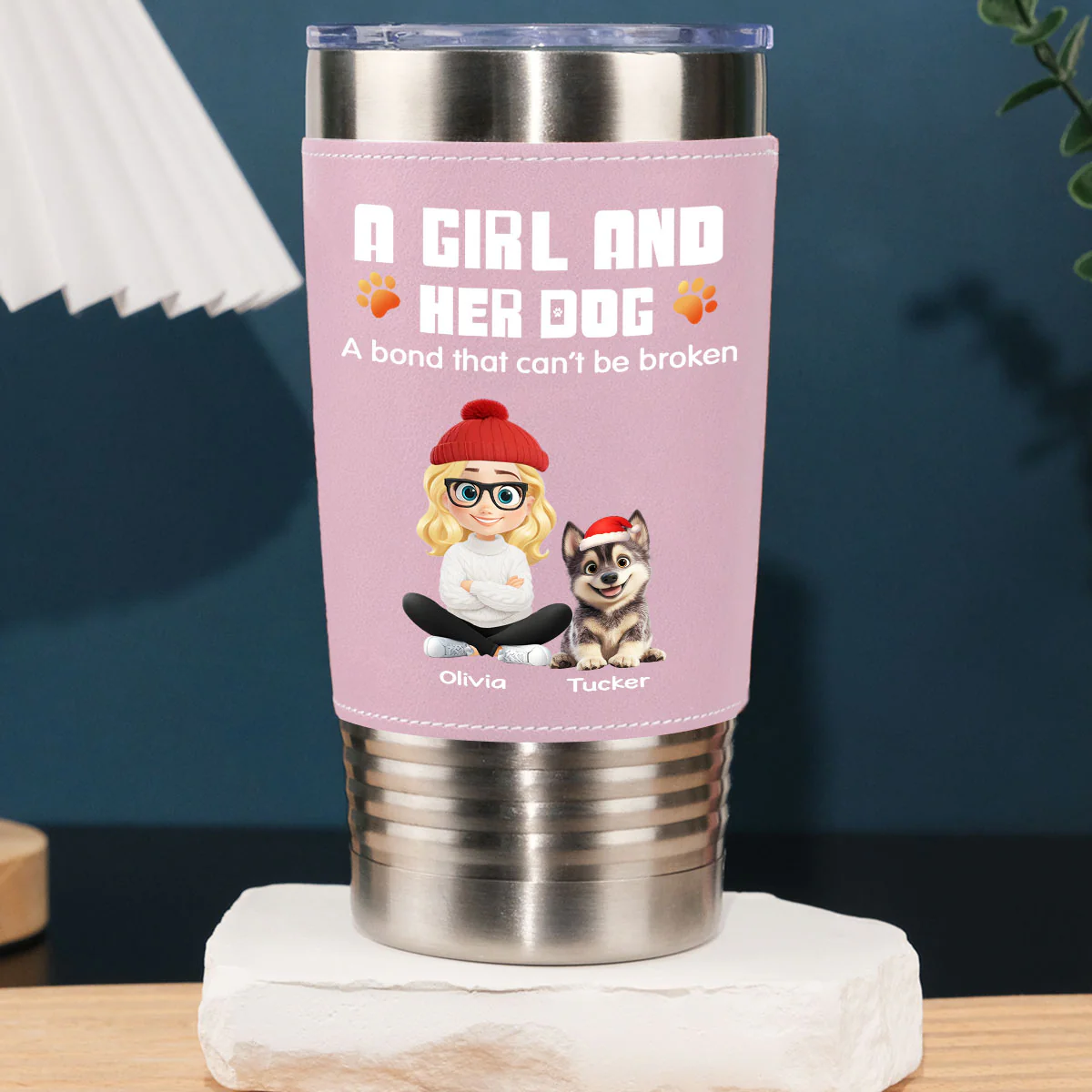 Human And Their Dog Cartoon Christmas Ver Woman - Personalized Custom Pink Leather Tumbler - Image 4