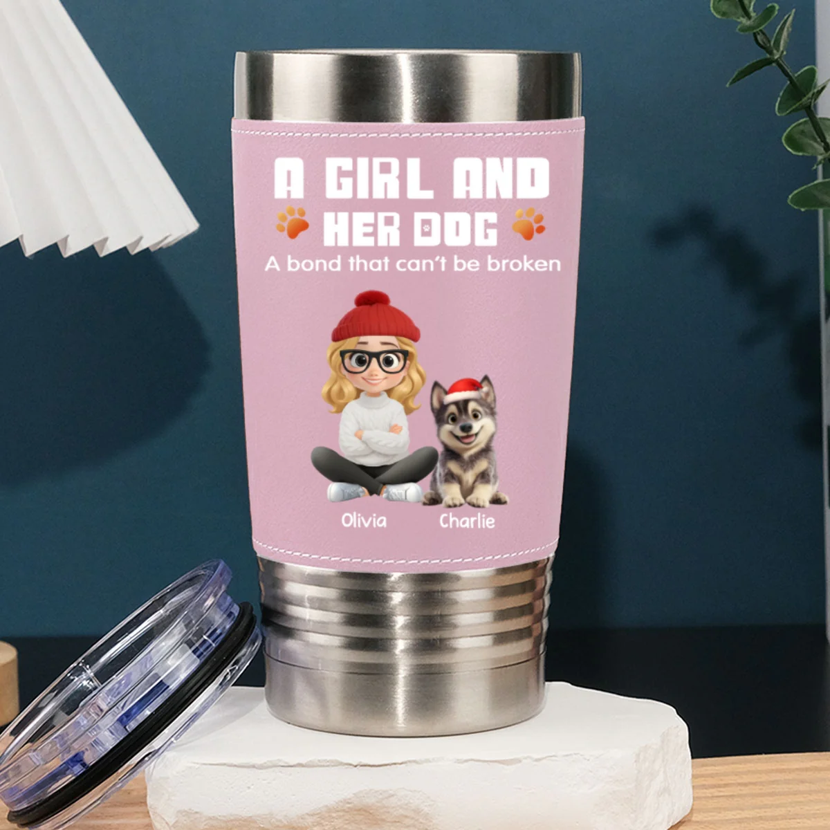 Human And Their Dog Cartoon Christmas Ver Woman - Personalized Custom Pink Leather Tumbler - Image 6