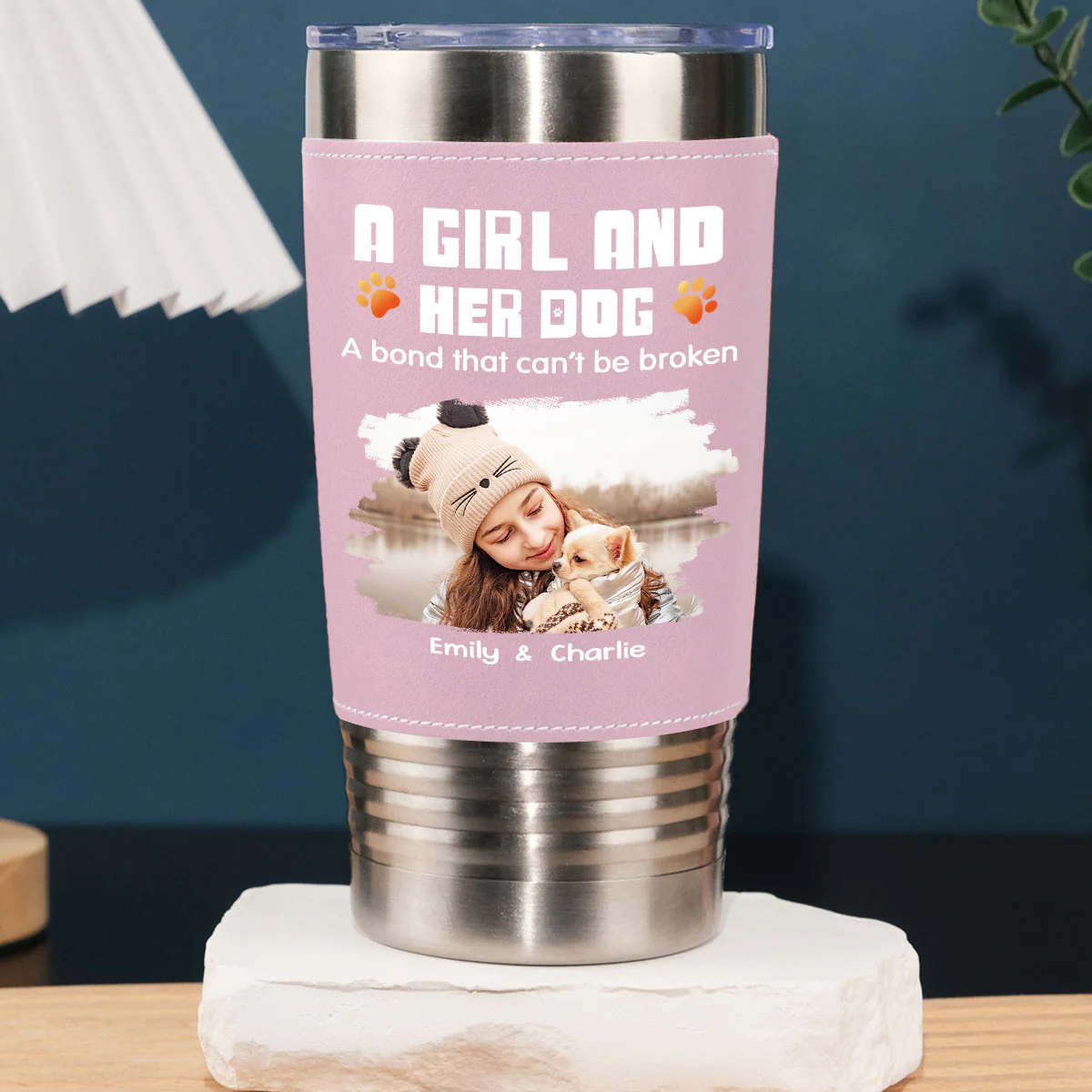 Human And Their Dog Cartoon Christmas Ver Woman Photo - Personalized Custom Pink Leather Tumbler