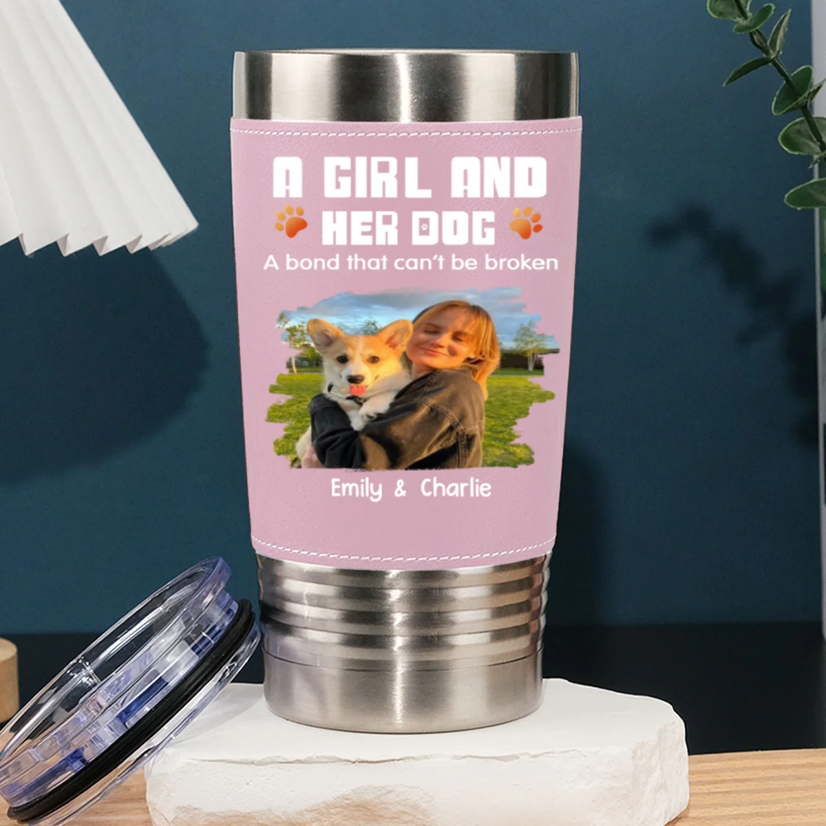 Human And Their Dog Cartoon Christmas Ver Woman Photo - Personalized Custom Pink Leather Tumbler - Image 4