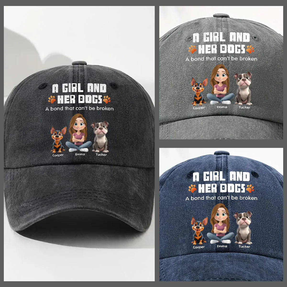 Human And Their Dog Cartoon - Personalized Custom Vintage Washed Denim Cap - Image 5