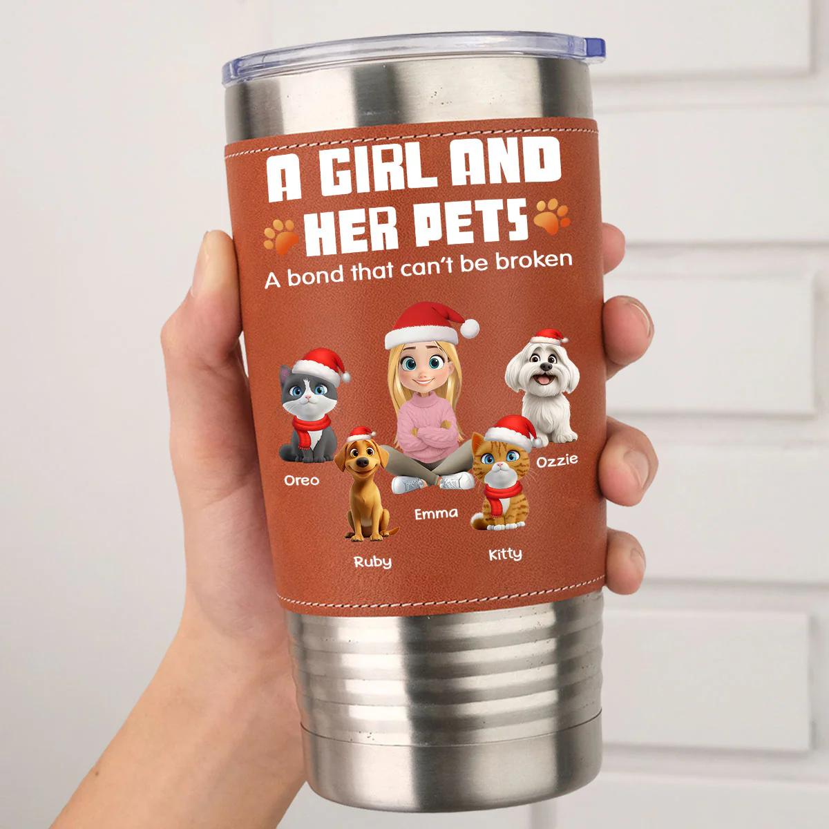 Human And Their Pet Cartoon Christmas - Personalized Custom Leather Tumbler
