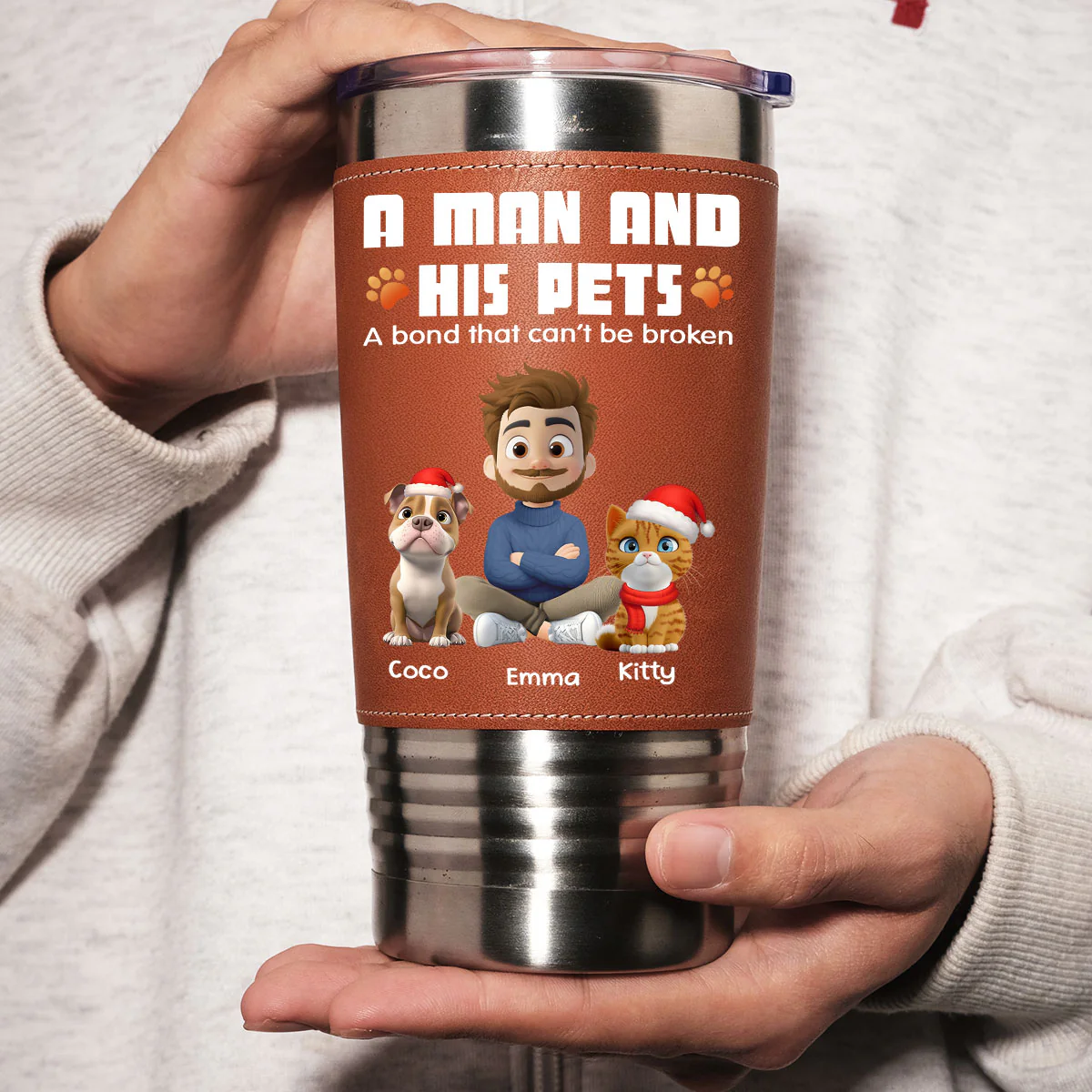 Human And Their Pet Cartoon Christmas - Personalized Custom Leather Tumbler - Image 3