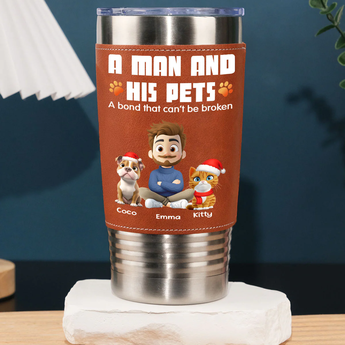 Human And Their Pet Cartoon Christmas - Personalized Custom Leather Tumbler - Image 5