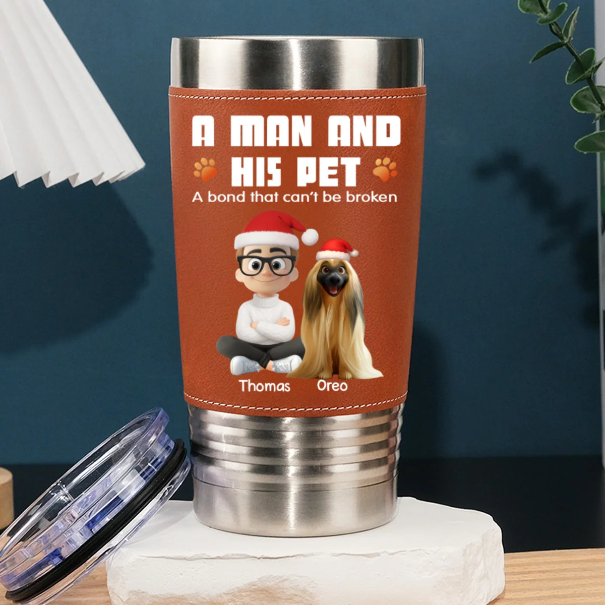 Human And Their Pet Cartoon Christmas - Personalized Custom Leather Tumbler - Image 6