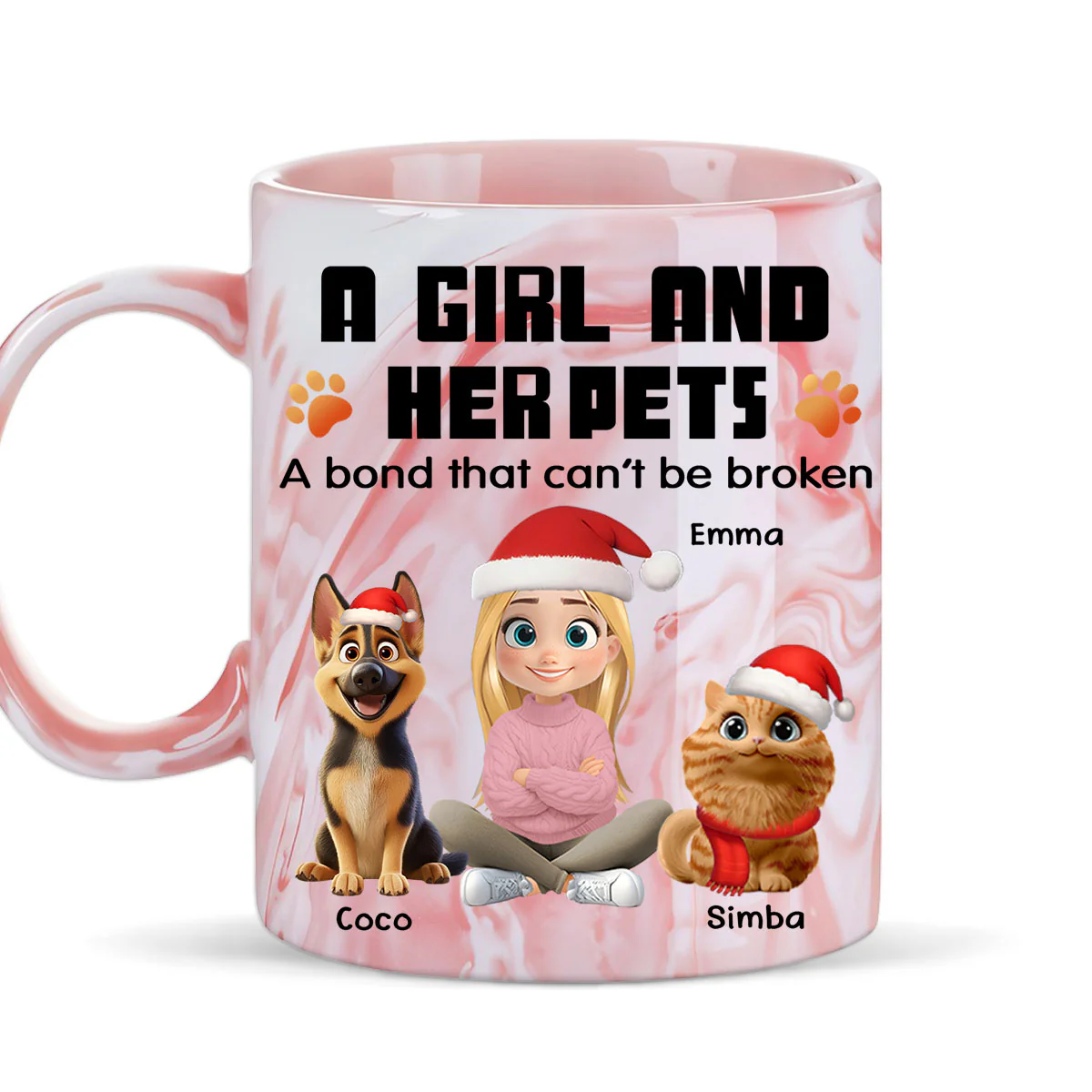 Human And Their Pet Cartoon Christmas - Personalized Custom Pink Marble Mug