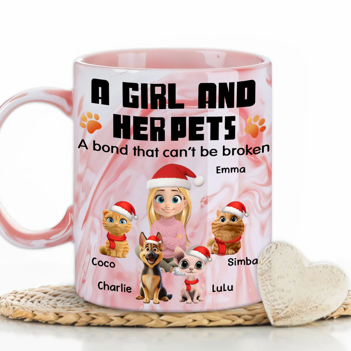 Human And Their Pet Cartoon Christmas - Personalized Custom Pink Marble Mug - Image 2