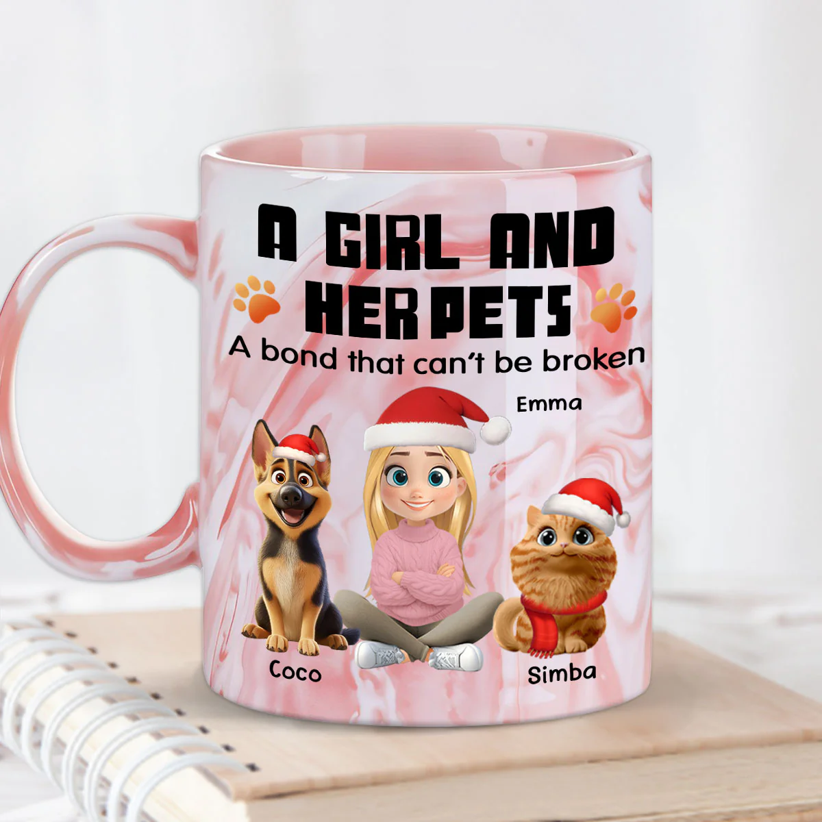 Human And Their Pet Cartoon Christmas - Personalized Custom Pink Marble Mug - Image 3