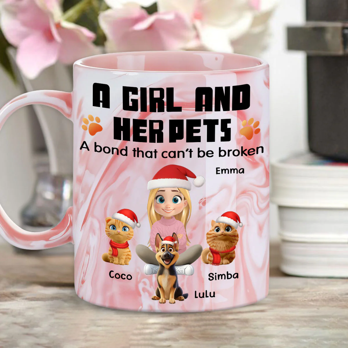 Human And Their Pet Cartoon Christmas - Personalized Custom Pink Marble Mug - Image 4