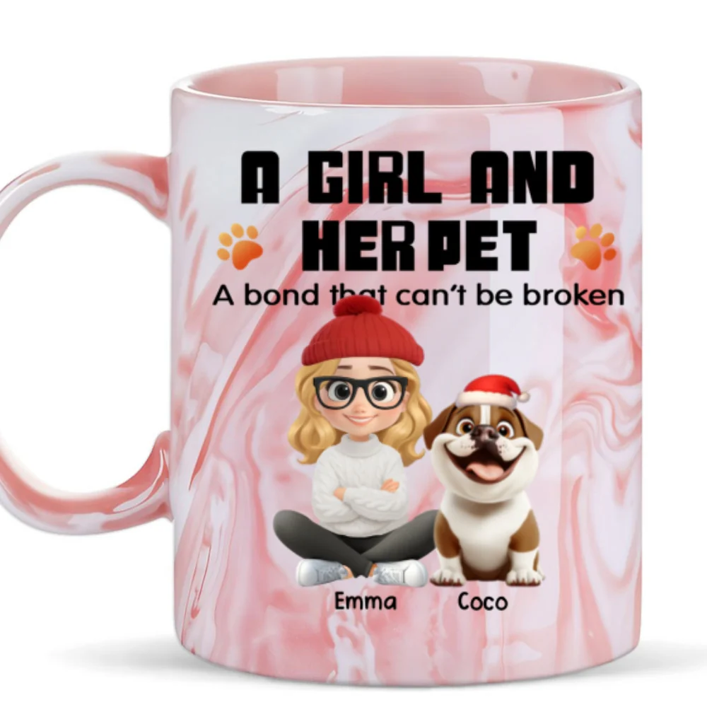 Human And Their Pet Cartoon Christmas - Personalized Custom Pink Marble Mug - Image 5