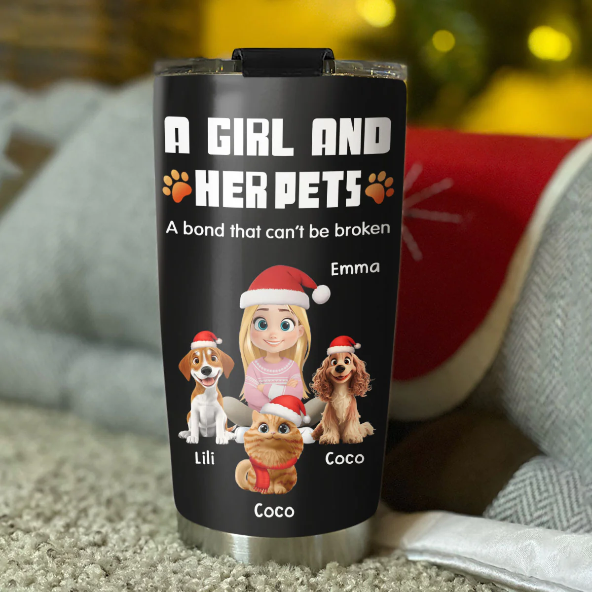 Human And Their Pet Cartoon Christmas - Personalized Custom Tumbler - Image 3