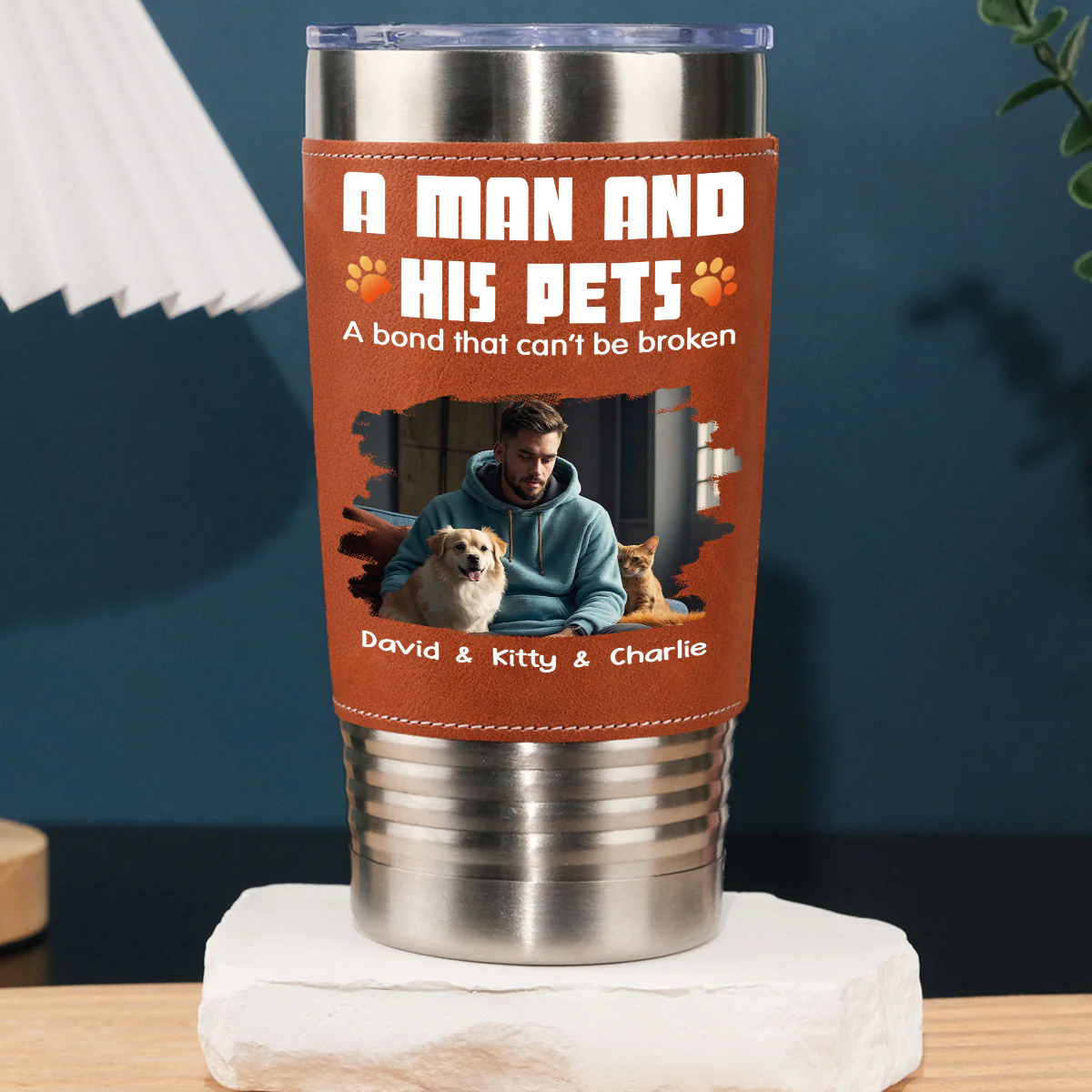 Human And Their Pet Cartoon Christmas Photo - Personalized Custom Leather Tumbler