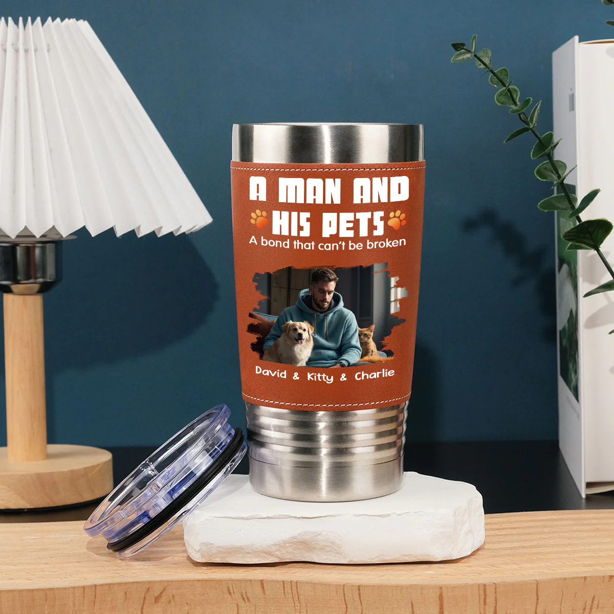 Human And Their Pet Cartoon Christmas Photo - Personalized Custom Leather Tumbler - Image 2