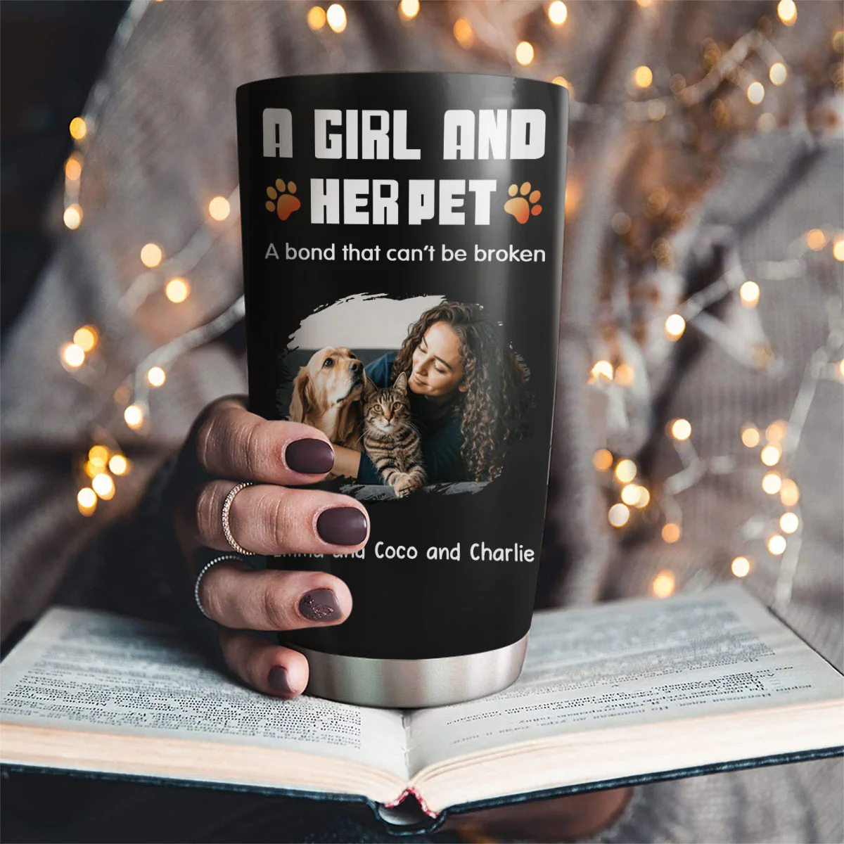 Human And Their Pet Cartoon Christmas Photo - Personalized Custom Tumbler - Image 2