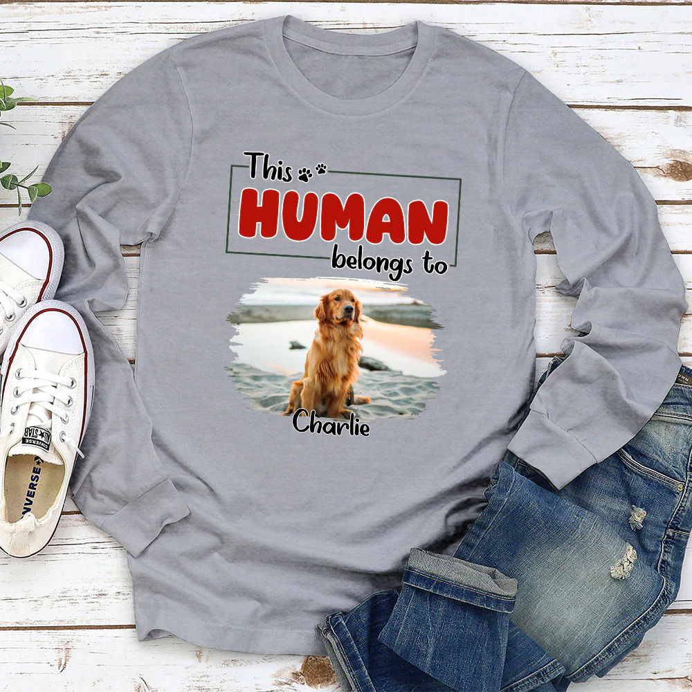 Human Belongs To Dog Christmas Photo - Personalized Custom Long Sleeve T-Shirt - Image 2