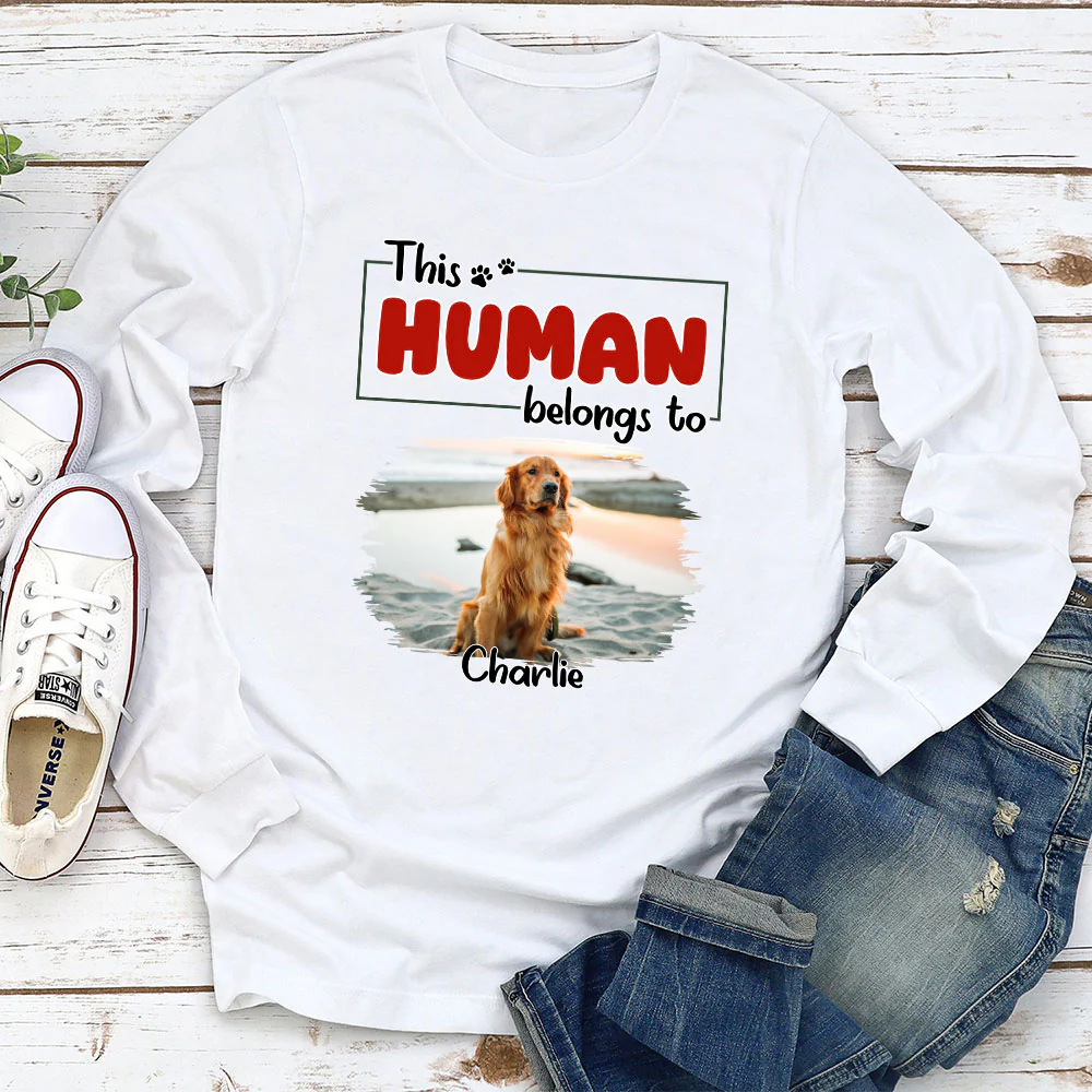 Human Belongs To Dog Christmas Photo - Personalized Custom Long Sleeve T-Shirt - Image 3