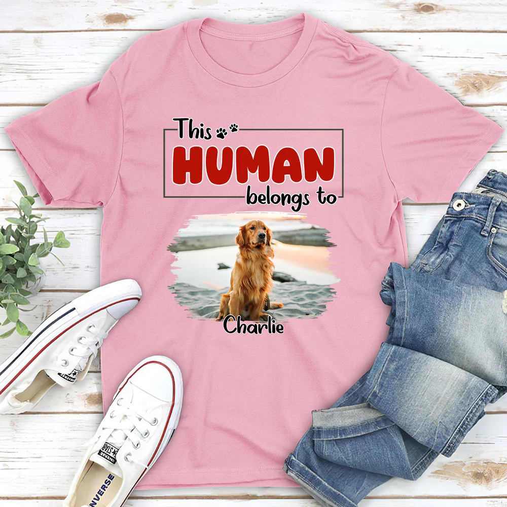Human Belongs To Dog Christmas Photo - Personalized Custom Unisex T-Shirt - Image 2