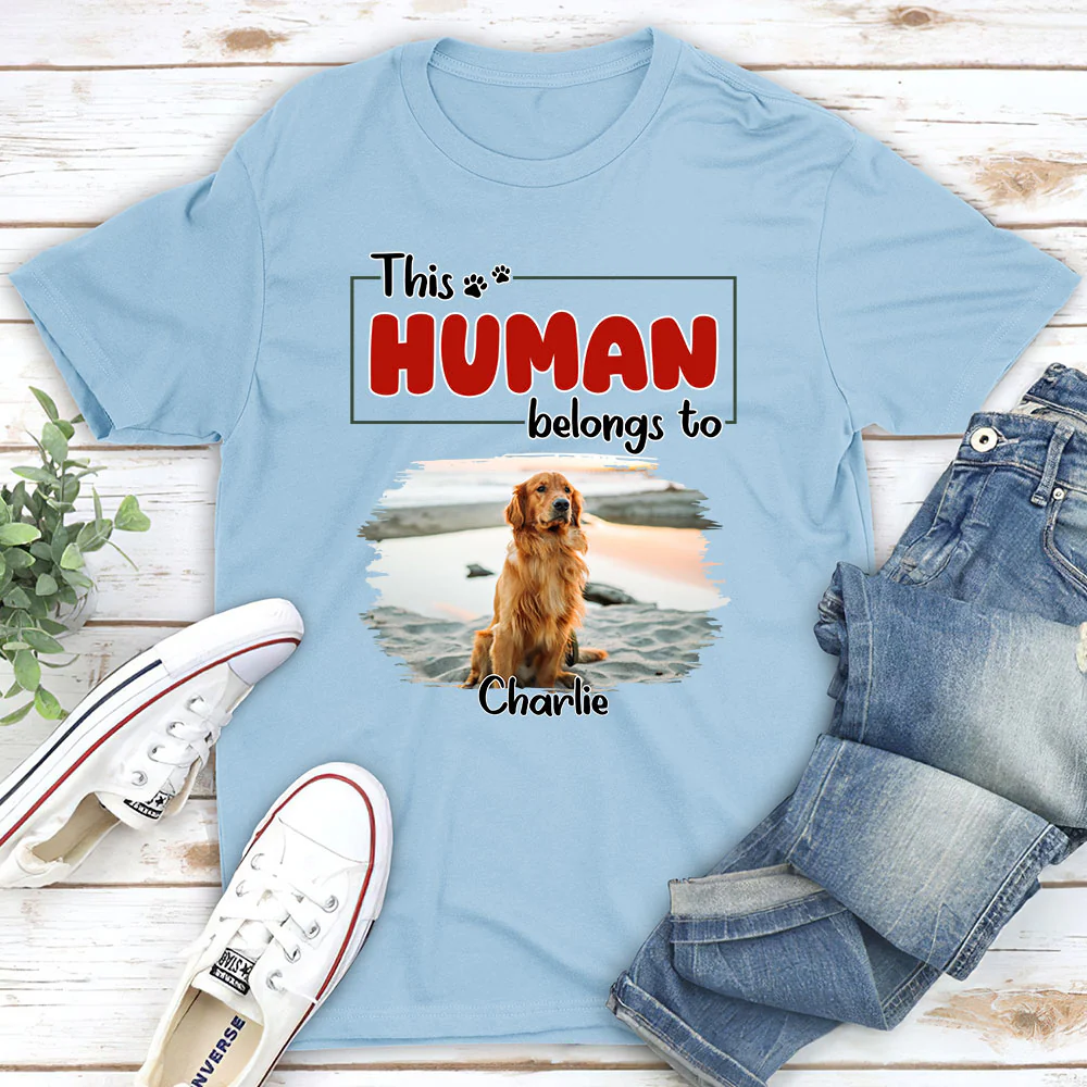 Human Belongs To Dog Christmas Photo - Personalized Custom Unisex T-Shirt - Image 3
