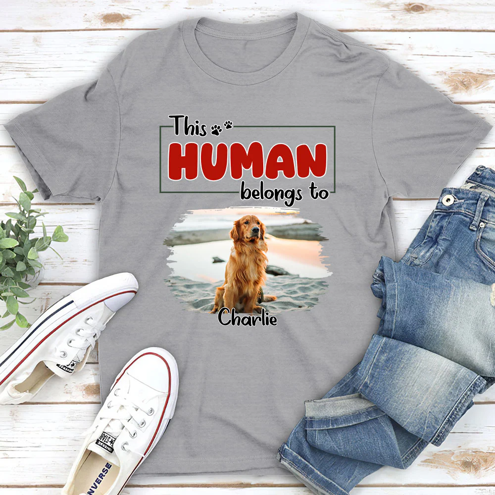 Human Belongs To Dog Christmas Photo - Personalized Custom Unisex T-Shirt - Image 4