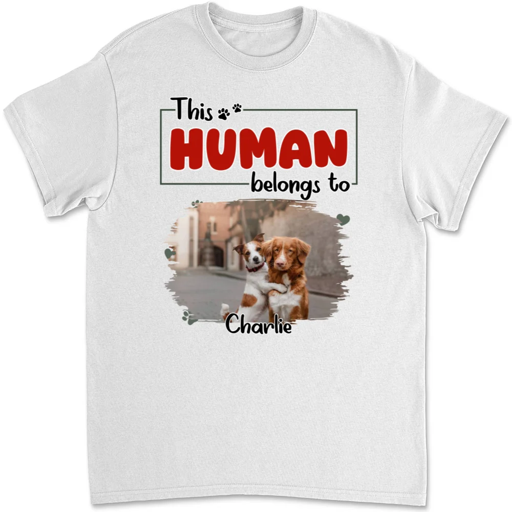 Human Belongs To Dog Christmas Photo - Personalized Custom Unisex T-Shirt - Image 6