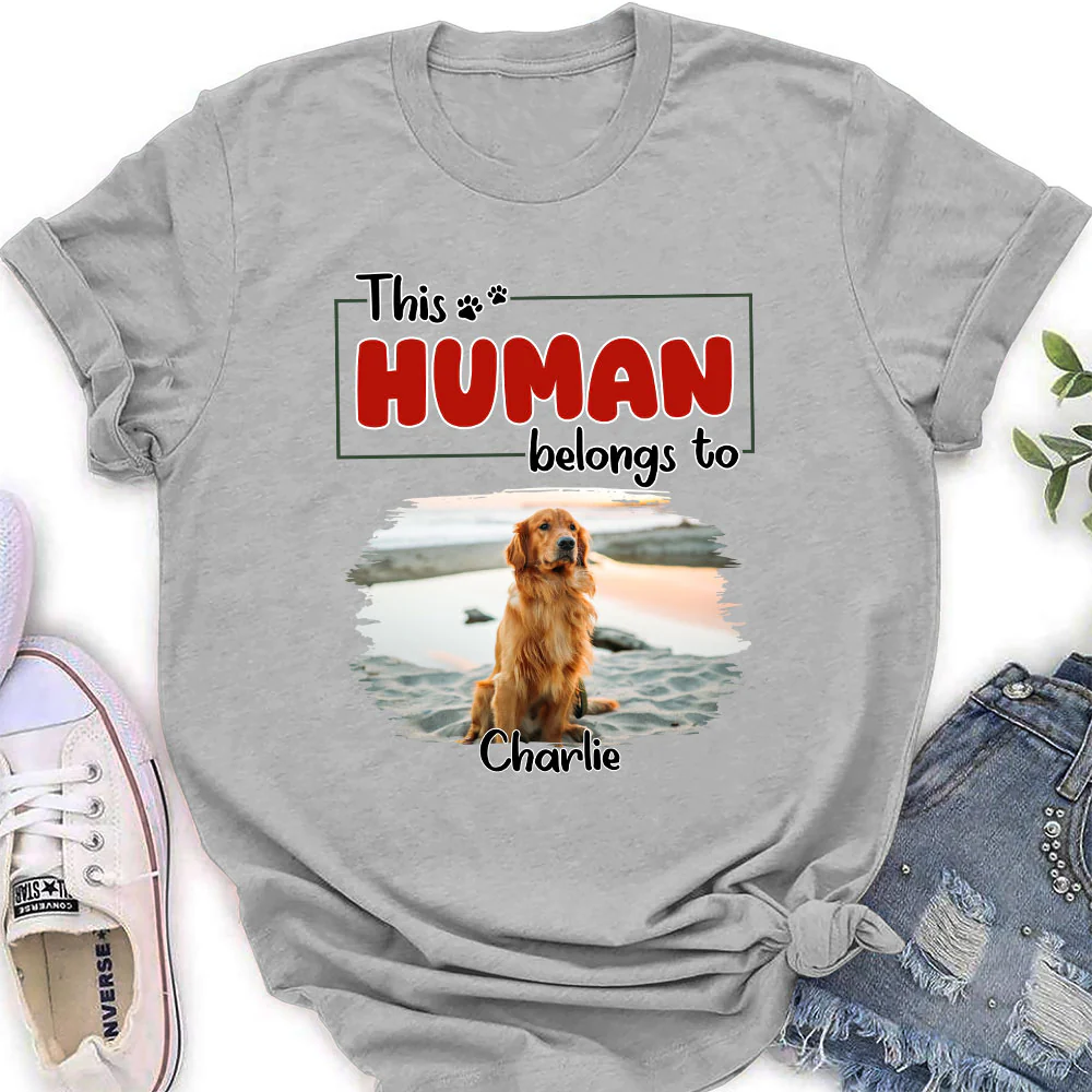 Human Belongs To Dog Christmas Photo - Personalized Custom Women T-Shirt - Image 2