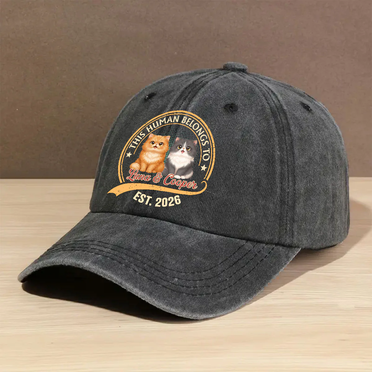 Human Belongs To Storybook Cat - Personalized Custom Vintage Washed Denim Cap - Image 2