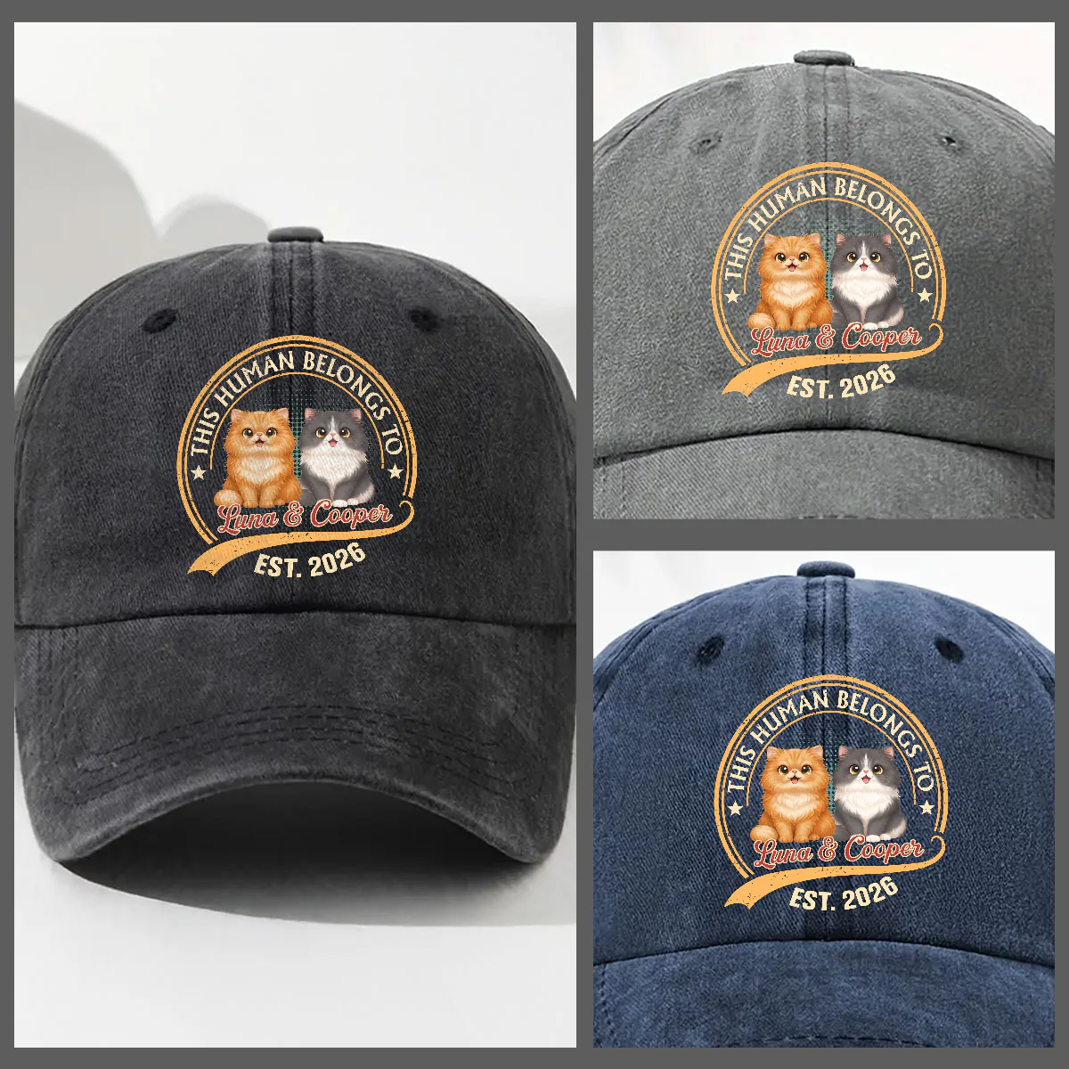 Human Belongs To Storybook Cat - Personalized Custom Vintage Washed Denim Cap - Image 3