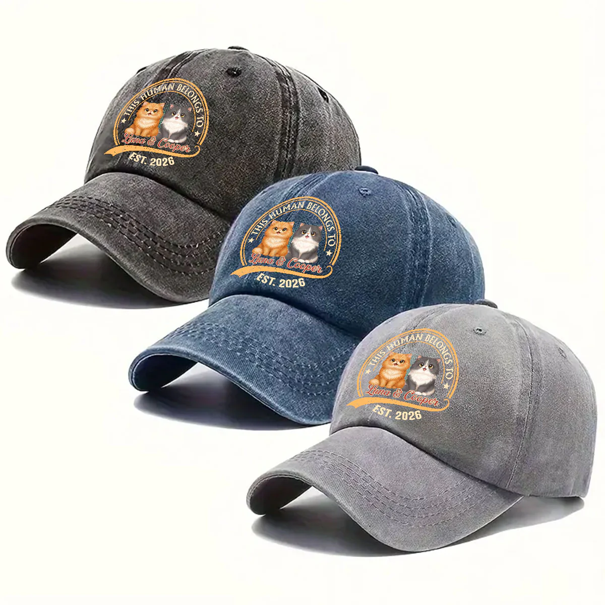 Human Belongs To Storybook Cat - Personalized Custom Vintage Washed Denim Cap - Image 4