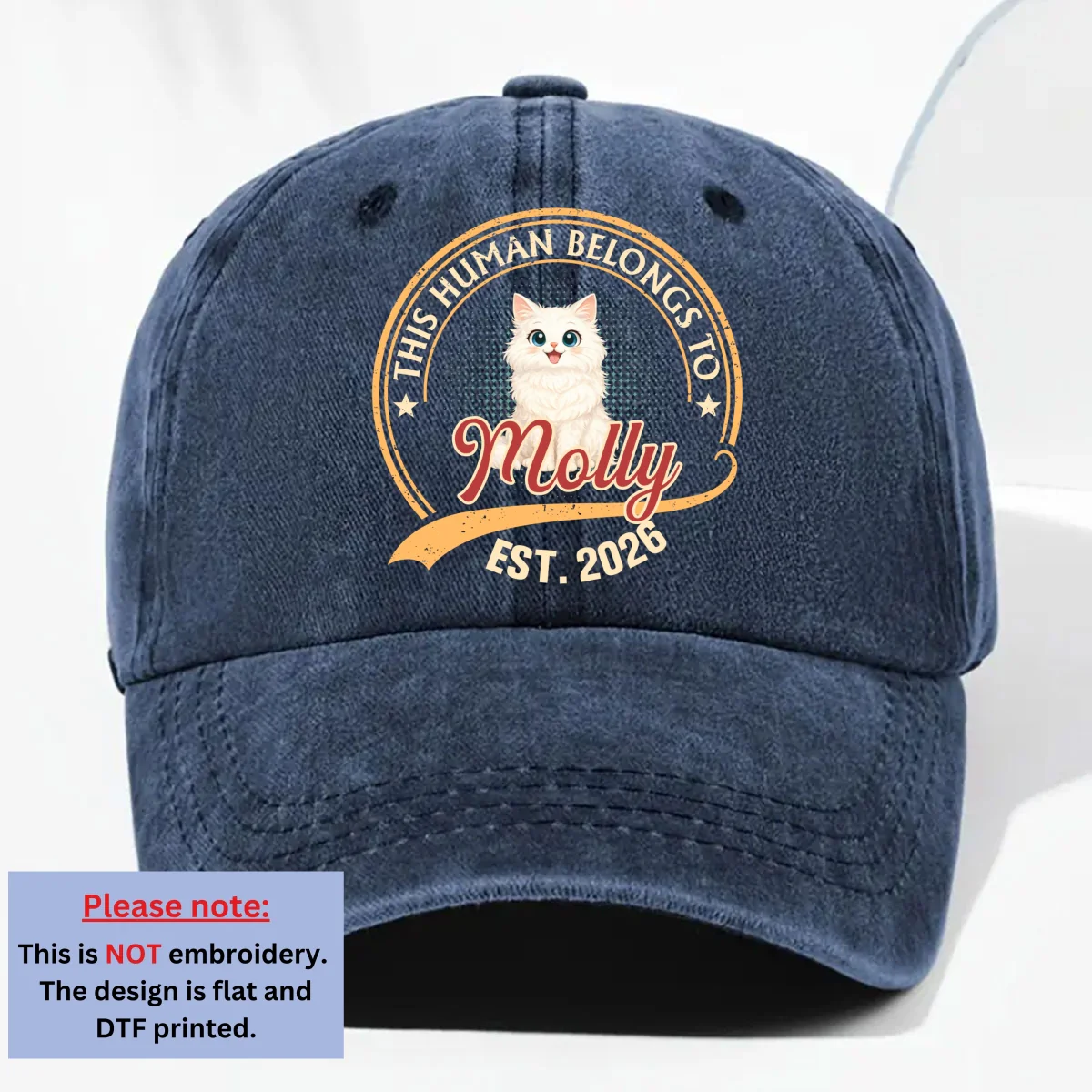 Human Belongs To Storybook Cat - Personalized Custom Vintage Washed Denim Cap - Image 8
