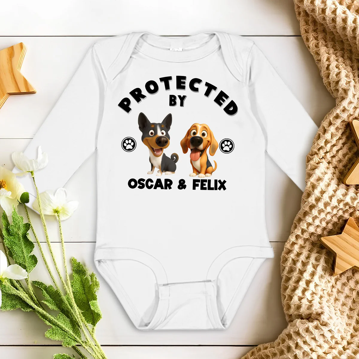 Human Protected By Caricature Dogs - Personalized Custom Long Sleeve Baby Onesie - Image 2