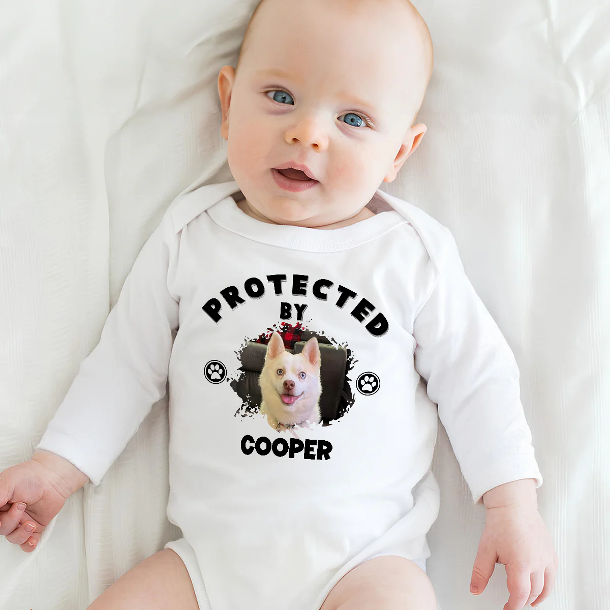 Human Protected By Caricature Dogs Photo - Personalized Custom Long Sleeve Baby Onesie - Image 2